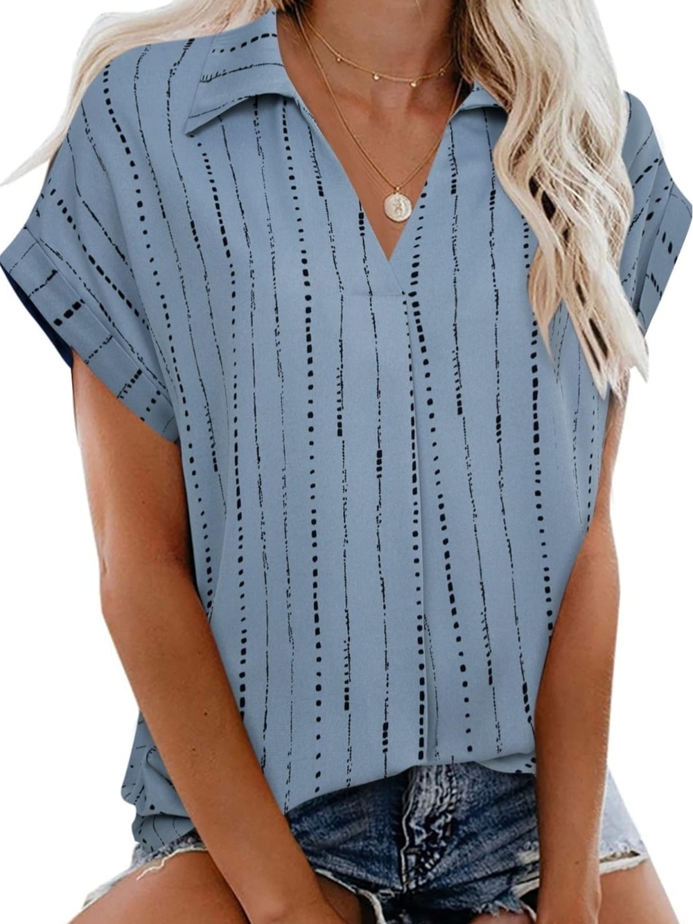 Women's Dusty Blue V-Neck Collared Short Sleeve Blouse